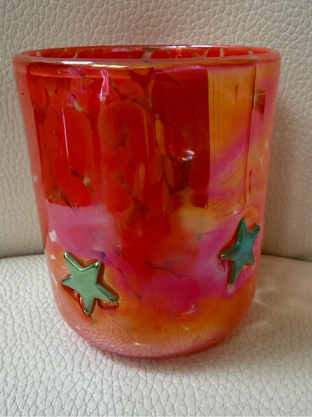Anthropologie Icon Juice Glass - Green Star w/Vibrant Pink /Orange